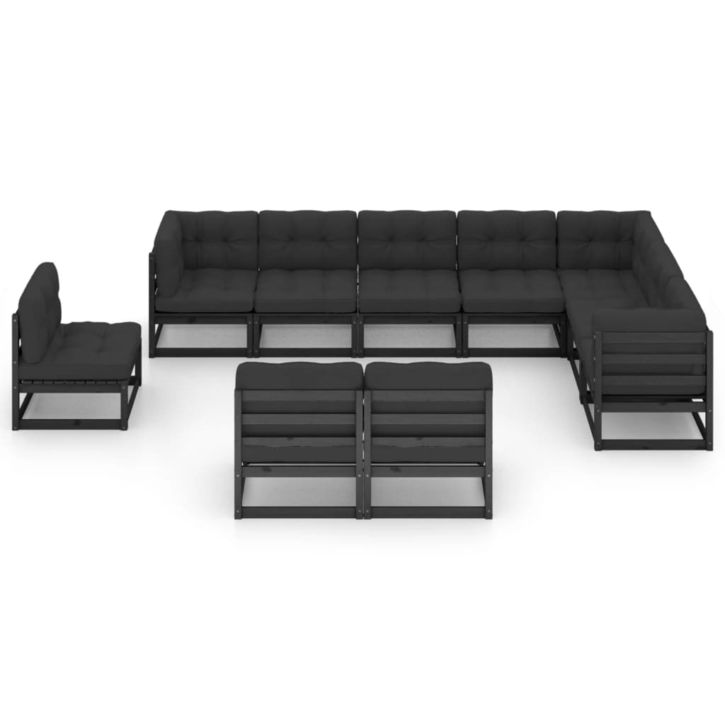 10-tlg. Garten-Lounge-Set mit Kissen Schwarz Kiefer Massivholz